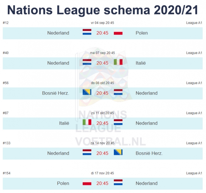 Nations League speelschema Nederland 2020 21
